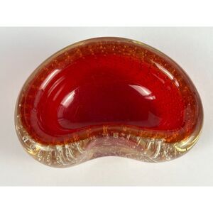 Murano Red Bullicante Art Glass Ashtray Mid Century Modern Kidney Bean Bowl 5"